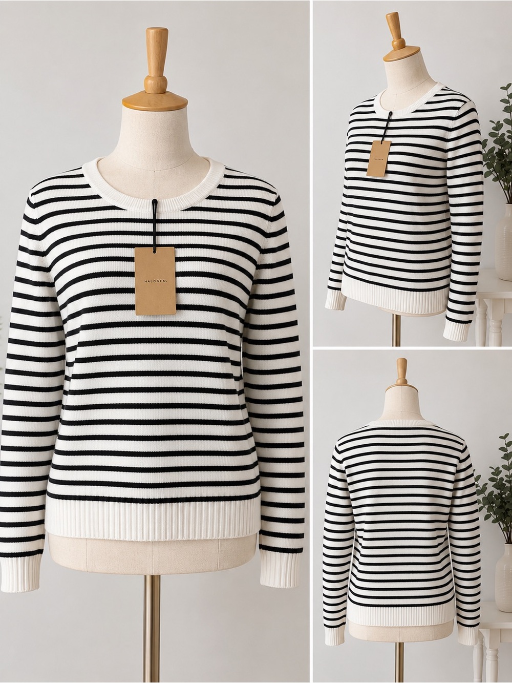Halogen Black White Striped Ribbed Crewneck Sweater XL NWT Nordstrom